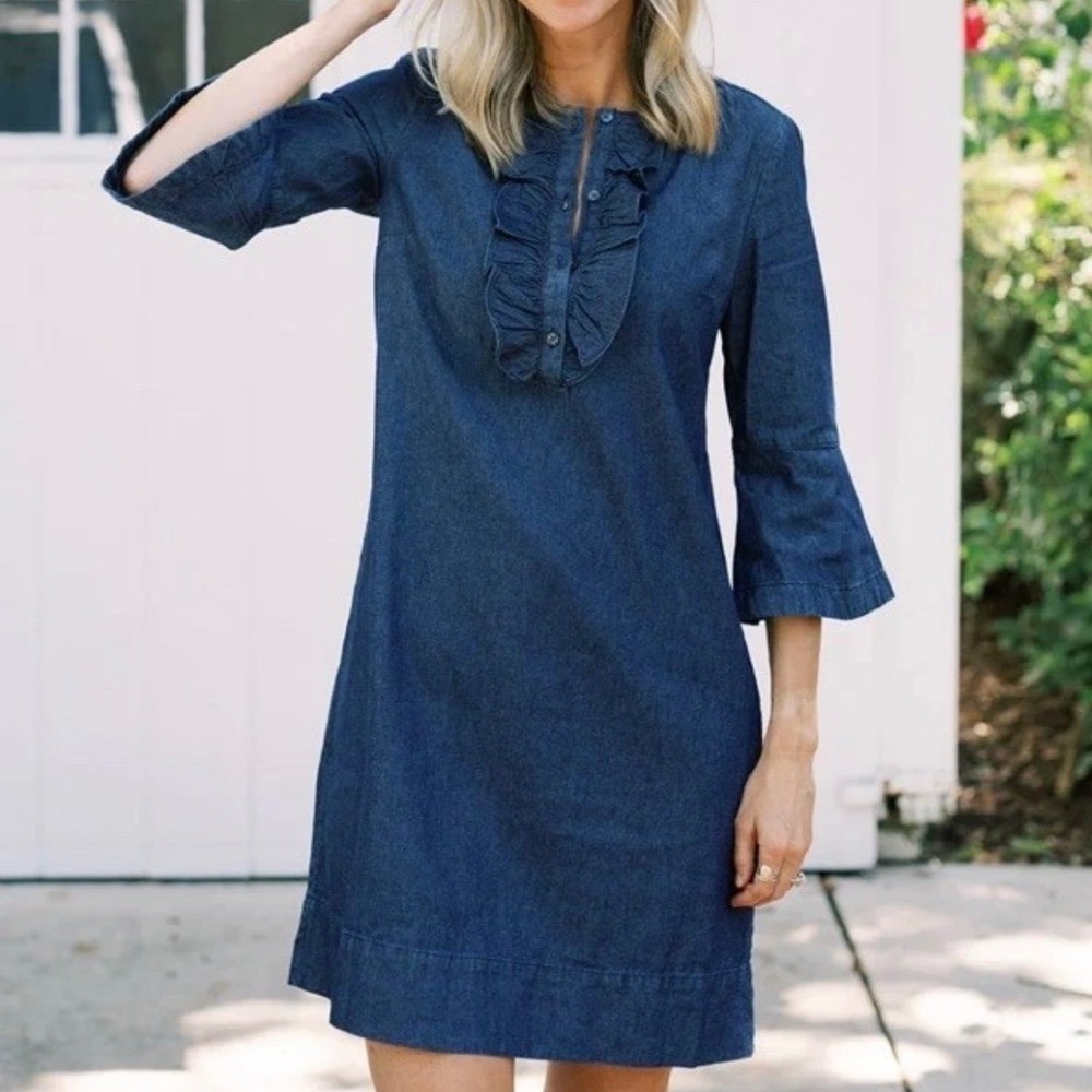 Draper James Chambray Shift Dress Ruffle Front Bell Sleeve Blue Size 6‎ - Picture 7 of 7